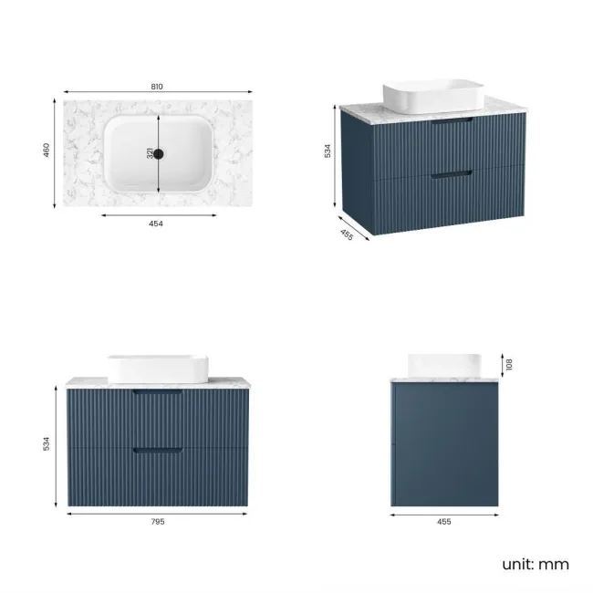 Crete Fluted Navy Blue Wall Hung Drawer Vanity with Marble Top & Marin Basin 800mm