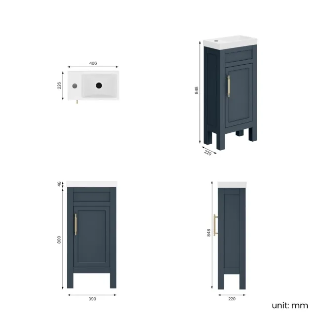 Bermuda Inky Blue Cloakroom Basin Vanity 400mm - Brass Knurled Handles