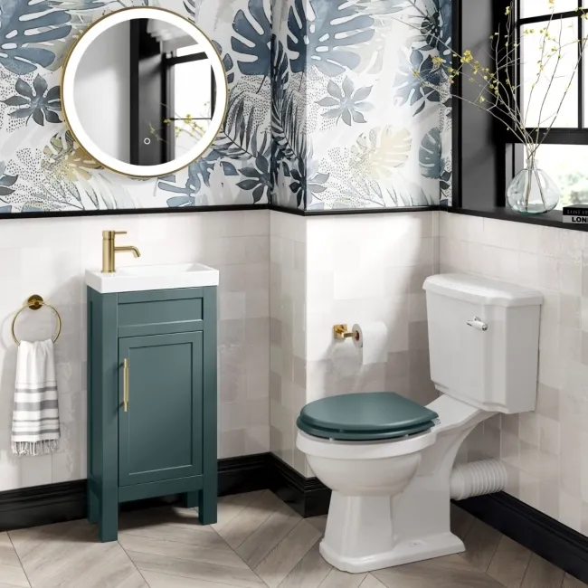 Bermuda Midnight Green Cloakroom Basin Vanity 400mm - Brass Knurled Handles