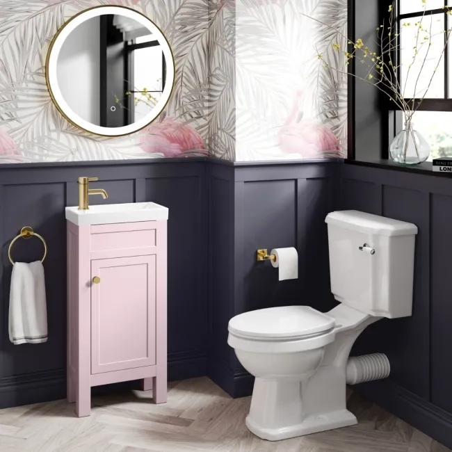 Bermuda Cashmere Pink Cloakroom Basin Vanity 400mm - Brushed Brass Accents