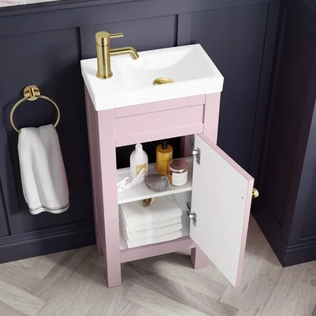 Bermuda Cashmere Pink Cloakroom Basin Vanity 400mm - Brushed Brass Accents