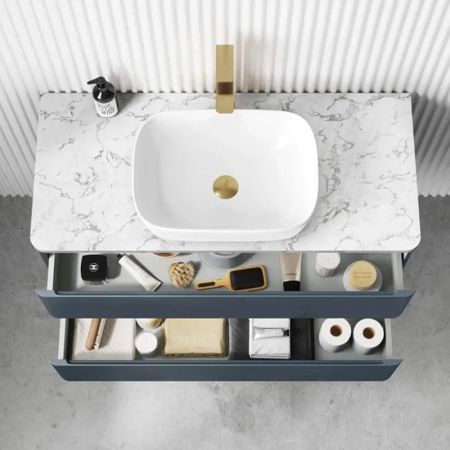 Corsica Inky Blue Vanity Drawer with Marble Top & Curved Counter Top Basin 1000mm