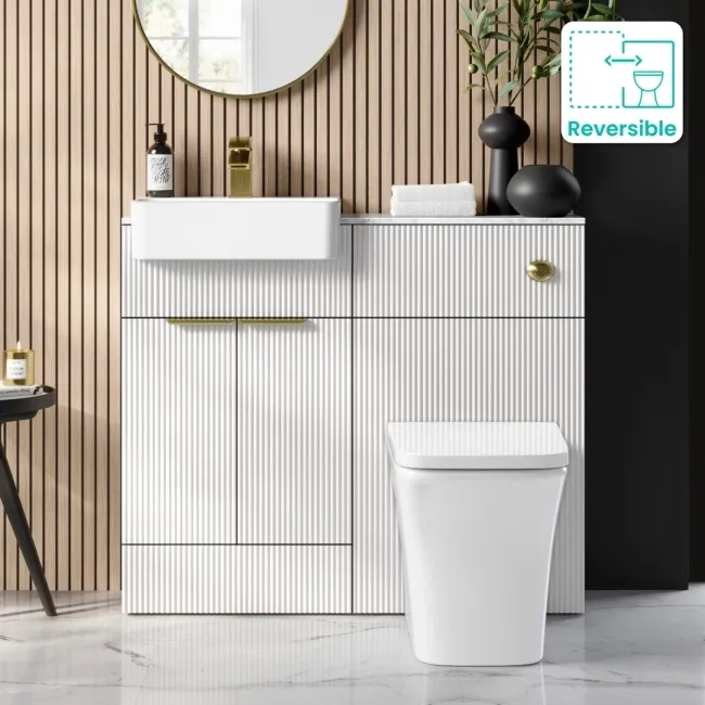 Sicily Fluted Coastal White Combination Vanity Basin with Marble Top & Houston Toilet 1000mm - Brushed Brass Accents