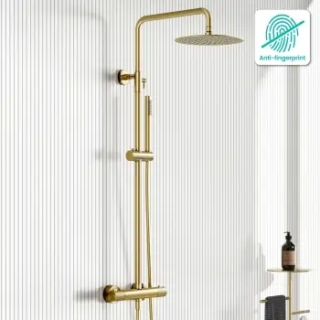 Suir Premium Brushed Brass Round Thermostatic Shower Set with Knurled Detailing