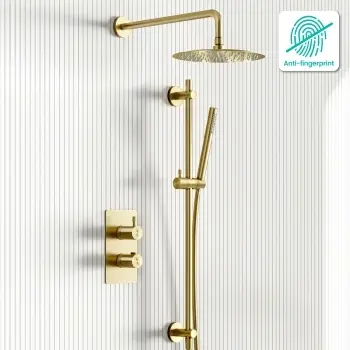Suir Premium Brushed Brass Round Thermostatic Shower Set with Knurled Detailing