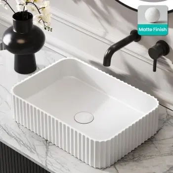 Missouri Matt White Fluted Rectangular Counter Top Stone Basin 450x320mm