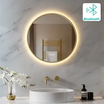 Delilah Brushed Brass Round Backlit LED Mirror With BLUETOOTH Speaker 600mm