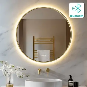 Delilah Brushed Brass Round Backlit LED Mirror With BLUETOOTH Speaker 800mm