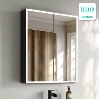 Esme Battery Powered Matt Black Illuminated LED Mirror Cabinet 700x600mm