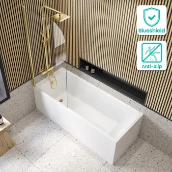 Witney 1700x700 Square Shower Bath & 6mm Easy Clean Brushed Brass Bath Screen