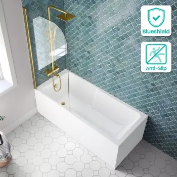 Antigua 1700x750 Keyhole Shower Bath & 6mm Easy Clean Brushed Brass Bath Screen