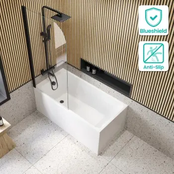 Witney 1400x700 Square Shower Bath & 6mm Easy Clean Matt Black Bath Screen