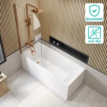 Witney 1500x700 Square Shower Bath & 6mm Easy Clean Brushed Copper Bath Screen