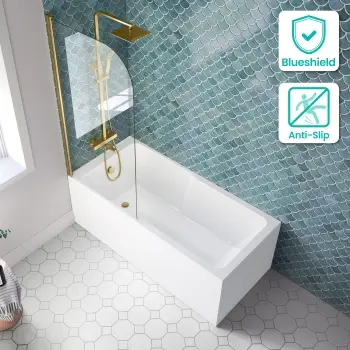 Antigua 1500x750 Keyhole Shower Bath & 6mm Easy Clean Brushed Brass Bath Screen