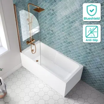 Antigua 1500x750 Keyhole Shower Bath & 6mm Easy Clean Brushed Copper Bath Screen