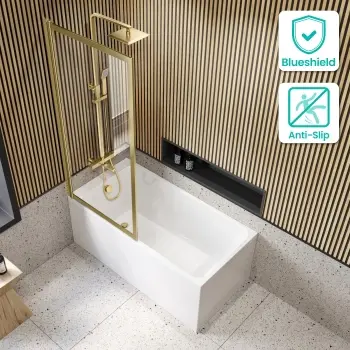 Witney 1400x700 Square Shower Bath & Premium 8mm Easy Clean Brushed Brass Framed Bath Screen