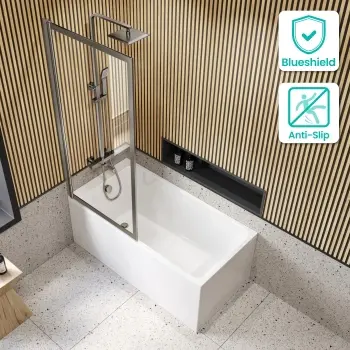 Witney 1400x700 Square Shower Bath & Premium 8mm Easy Clean Brushed Gunmetal Framed Bath Screen