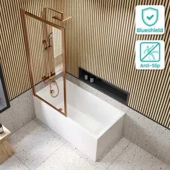 Witney 1400x700 Square Shower Bath & Premium 8mm Easy Clean Brushed Copper Framed Bath Screen
