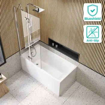 Witney 1400x700 Square Shower Bath & 6mm Easy Clean Chrome Folding Bath Screen