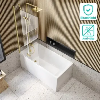 Witney 1400x700 Square Shower Bath & 6mm Easy Clean Brushed Brass Folding Bath Screen