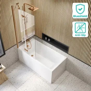 Witney 1400x700 Square Shower Bath & 6mm Easy Clean Brushed Copper Folding Bath Screen
