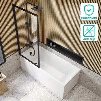 Witney 1500x700 Square Shower Bath & Premium 8mm Easy Clean Matt Black Framed Bath Screen