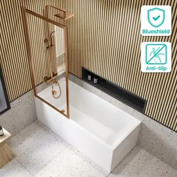 Witney 1500x700 Square Shower Bath & Premium 8mm Easy Clean Brushed Copper Framed Bath Screen
