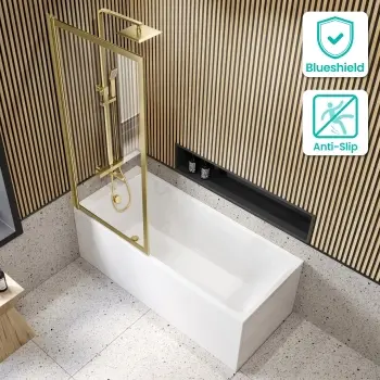 Witney 1600x700 Square Shower Bath & Premium 8mm Easy Clean Brushed Brass Framed Bath Screen