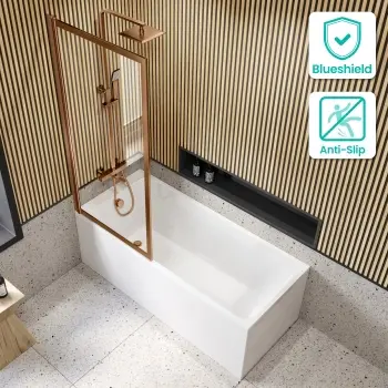 Witney 1600x700 Square Shower Bath & Premium 8mm Easy Clean Brushed Copper Framed Bath Screen