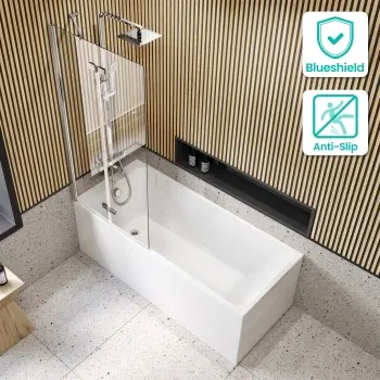 Witney 1600x700 Square Shower Bath & 6mm Easy Clean Chrome Folding Bath Screen