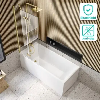 Witney 1600x700 Square Shower Bath & 6mm Easy Clean Brushed Brass Folding Bath Screen