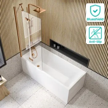 Witney 1600x700 Square Shower Bath & 6mm Easy Clean Brushed Copper Folding Bath Screen