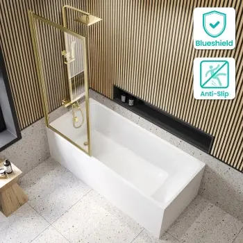 Witney 1700x700 Square Shower Bath & Premium 8mm Easy Clean Brushed Brass Framed Bath Screen