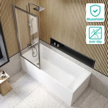 Witney 1700x700 Square Shower Bath & Premium 8mm Easy Clean Brushed Gunmetal Framed Bath Screen