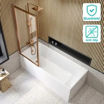 Witney 1700x700 Square Shower Bath & Premium 8mm Easy Clean Brushed Copper Framed Bath Screen