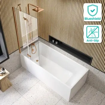 Witney 1700x700 Square Shower Bath & 6mm Easy Clean Brushed Copper Folding Bath Screen