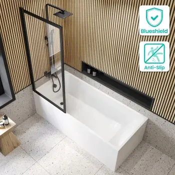 Witney 1800x800 Square Shower Bath & Premium 8mm Easy Clean Matt Black Framed Bath Screen