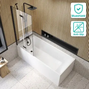 Witney 1800x800 Square Shower Bath & 6mm Easy Clean Matt Black Folding Bath Screen