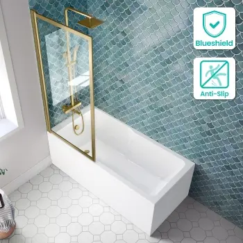 Antigua 1500x750 Keyhole Shower Bath & Premium 8mm Easy Clean Brushed Brass Framed Bath Screen