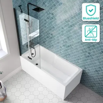 Antigua 1500x750 Keyhole Shower Bath & 6mm Easy Clean Matt Black Folding Bath Screen