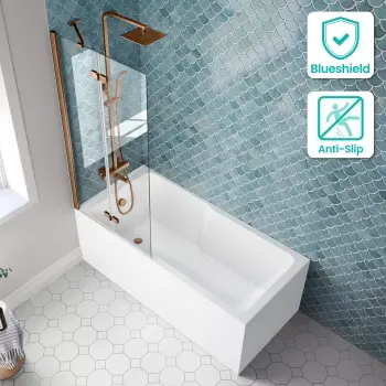 Antigua 1500x750 Keyhole Shower Bath & 6mm Easy Clean Brushed Copper Folding Bath Screen