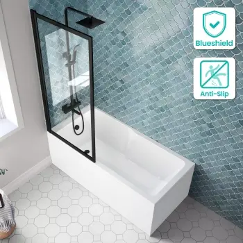 Antigua 1600x750 Keyhole Shower Bath & Premium 8mm Easy Clean Matt Black Framed Bath Screen