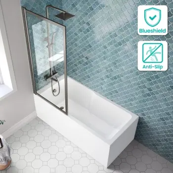 Antigua 1600x750 Keyhole Shower Bath & Premium 8mm Easy Clean Brushed Gunmetal Framed Bath Screen