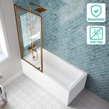 Antigua 1600x750 Keyhole Shower Bath & Premium 8mm Easy Clean Brushed Copper Framed Bath Screen