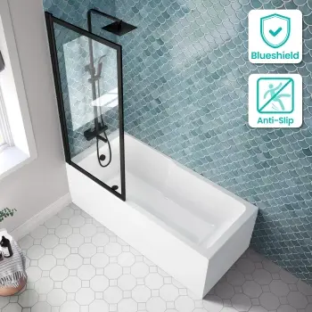 Antigua 1700x750 Keyhole Shower Bath & Premium 8mm Easy Clean Matt Black Framed Bath Screen