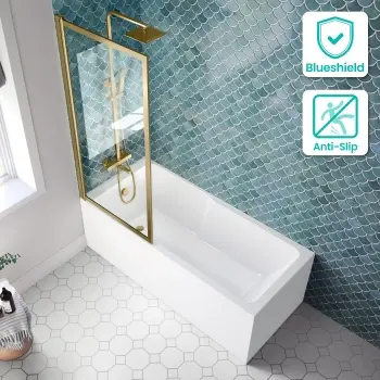 Antigua 1700x750 Keyhole Shower Bath & Premium 8mm Easy Clean Brushed Brass Framed Bath Screen