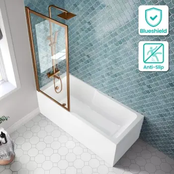 Antigua 1700x750 Keyhole Shower Bath & Premium 8mm Easy Clean Brushed Copper Framed Bath Screen