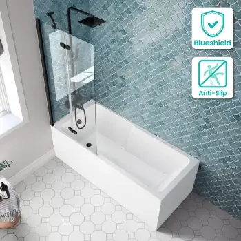 Antigua 1700x750 Keyhole Shower Bath & 6mm Easy Clean Matt Black Folding Bath Screen