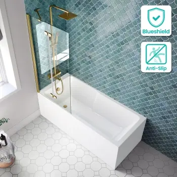 Antigua 1700x750 Keyhole Shower Bath & 6mm Easy Clean Brushed Brass Folding Bath Screen