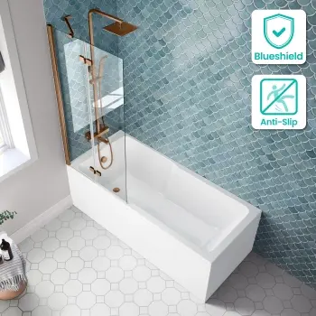 Antigua 1700x750 Keyhole Shower Bath & 6mm Easy Clean Brushed Copper Folding Bath Screen